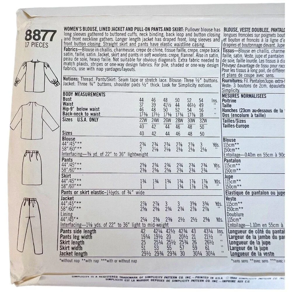 1988‎ Plus Size Simplicity Sewing Pattern 8877 Blouse Jacket Pant 28W 30W 32W UC